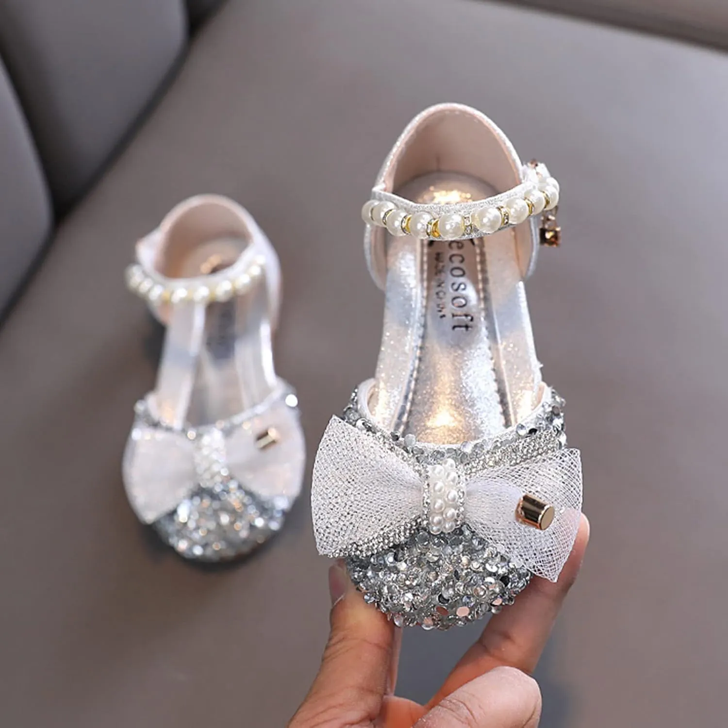Child and Toddler Baby Girls Shoes Low Heel Bowknot Glitter Rhinestone Shoes Princess Wedding Party (Silver, 3 Big Kids)