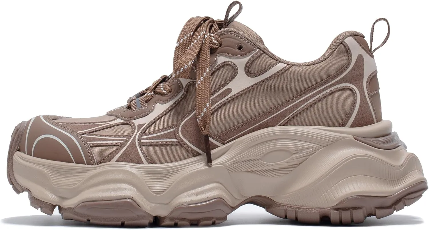 Chunky Sneakers for Women, Womens Fashion Sneakers, Leather Comfortable Dad Shoe Lace-Up Platform Walking Running Shoes