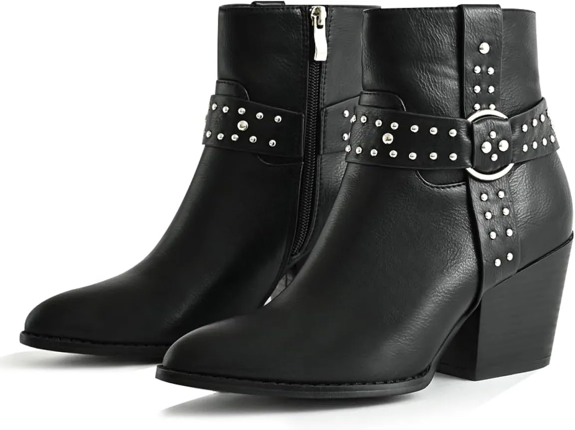 Chunky Stacked Heel Ankle Boots for Women Pointed Toe Chelsea Combat Boots Mid Calf Side Zipper Silver Studded Strap Heeled Booties Fall Dress Shoes