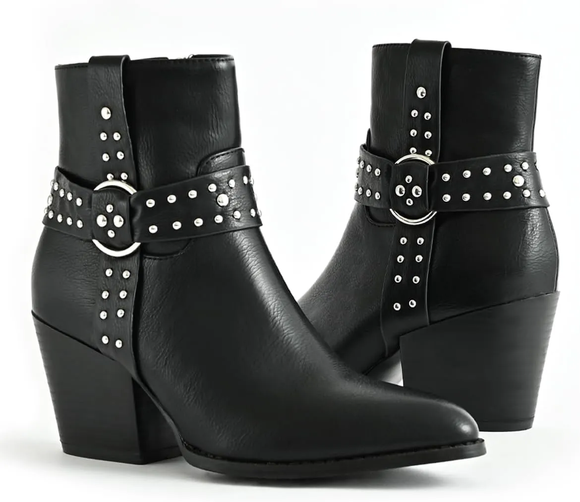 Chunky Stacked Heel Ankle Boots for Women Pointed Toe Chelsea Combat Boots Mid Calf Side Zipper Silver Studded Strap Heeled Booties Fall Dress Shoes