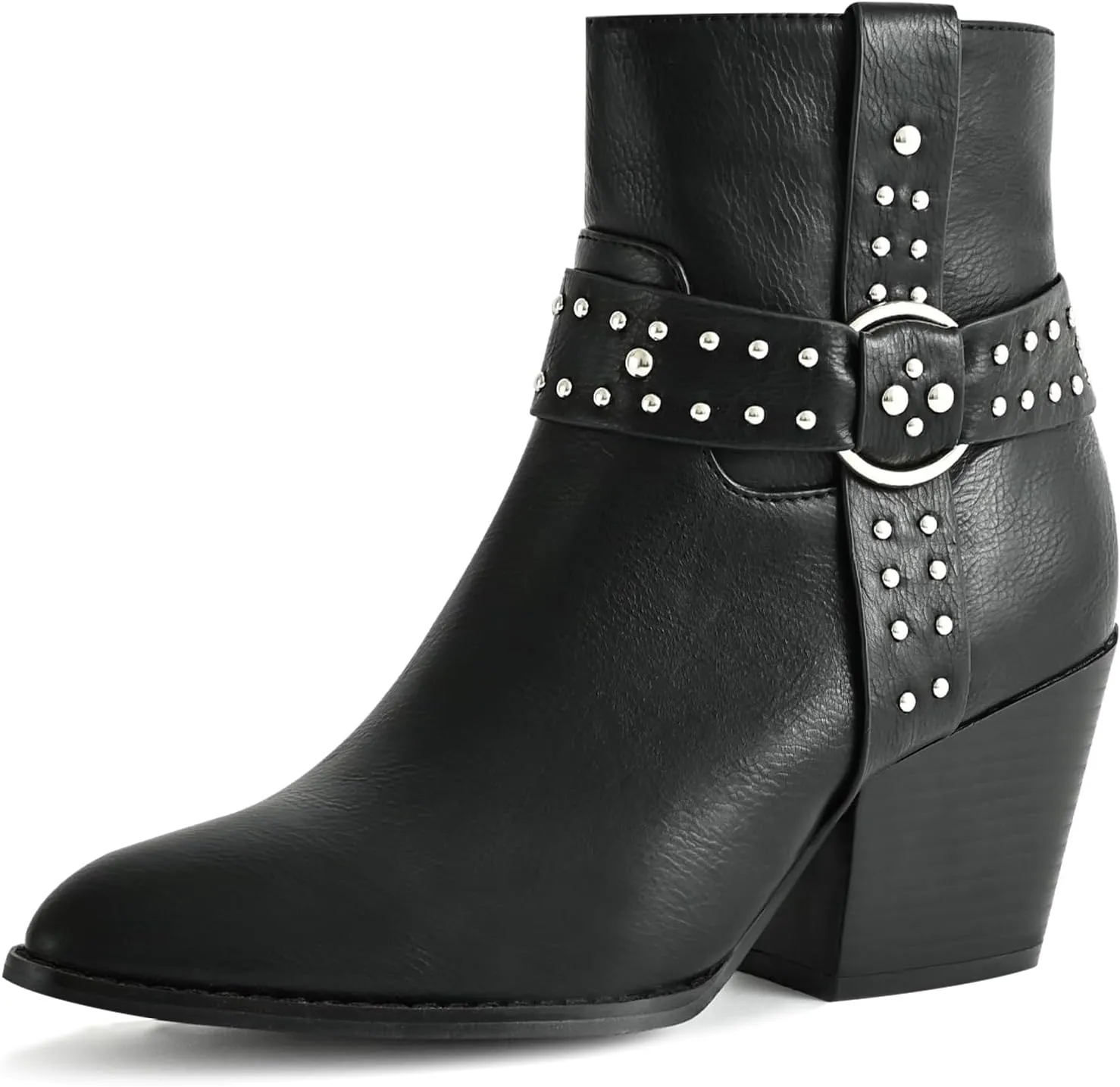 Chunky Stacked Heel Ankle Boots for Women Pointed Toe Chelsea Combat Boots Mid Calf Side Zipper Silver Studded Strap Heeled Booties Fall Dress Shoes