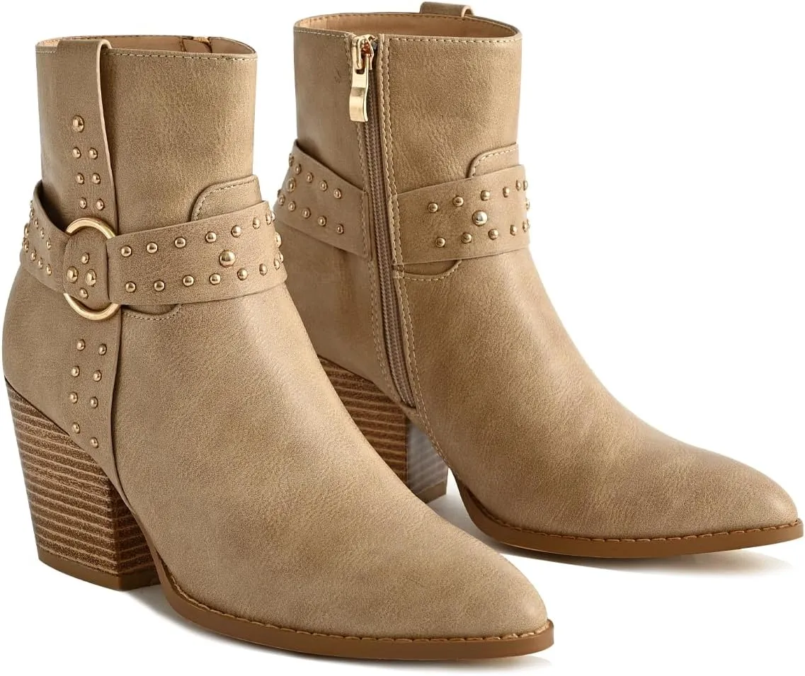 Chunky Stacked Heel Ankle Boots for Women Pointed Toe Chelsea Combat Boots Mid Calf Side Zipper Silver Studded Strap Heeled Booties Fall Dress Shoes