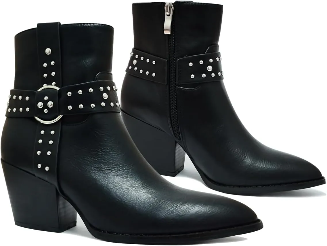 Chunky Stacked Heel Ankle Boots for Women Pointed Toe Chelsea Combat Boots Mid Calf Side Zipper Silver Studded Strap Heeled Booties Fall Dress Shoes