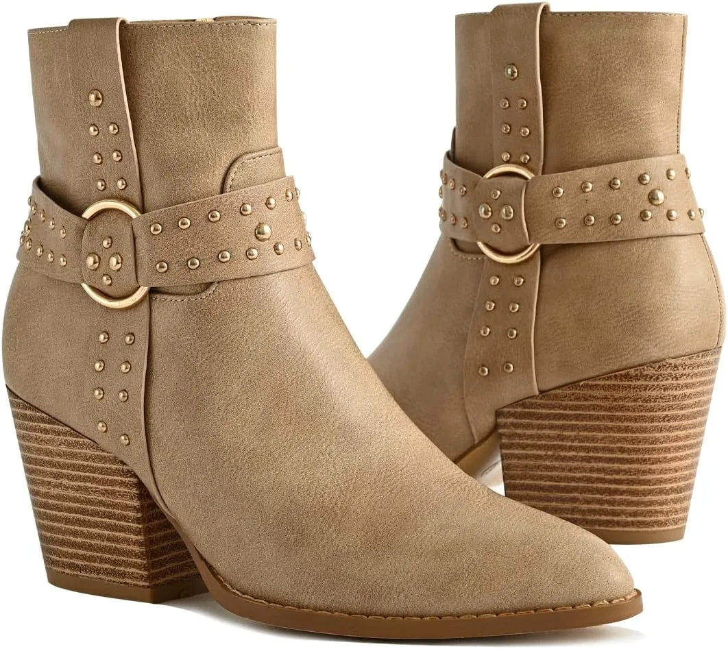 Chunky Stacked Heel Ankle Boots for Women Pointed Toe Chelsea Combat Boots Mid Calf Side Zipper Silver Studded Strap Heeled Booties Fall Dress Shoes