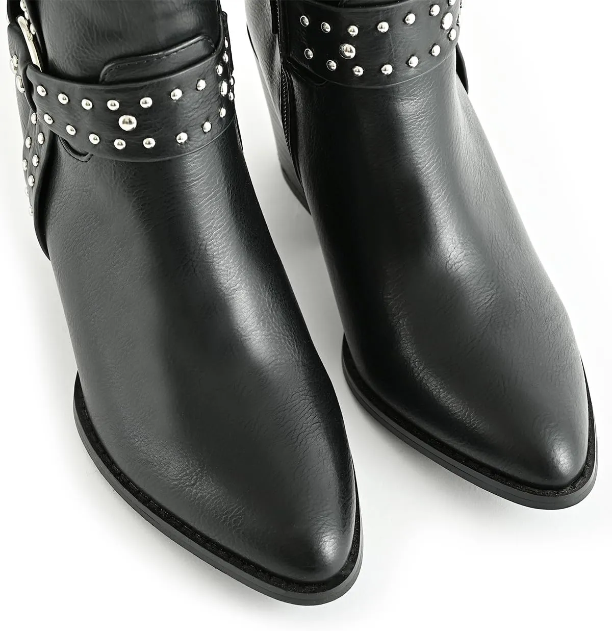 Chunky Stacked Heel Ankle Boots for Women Pointed Toe Chelsea Combat Boots Mid Calf Side Zipper Silver Studded Strap Heeled Booties Fall Dress Shoes