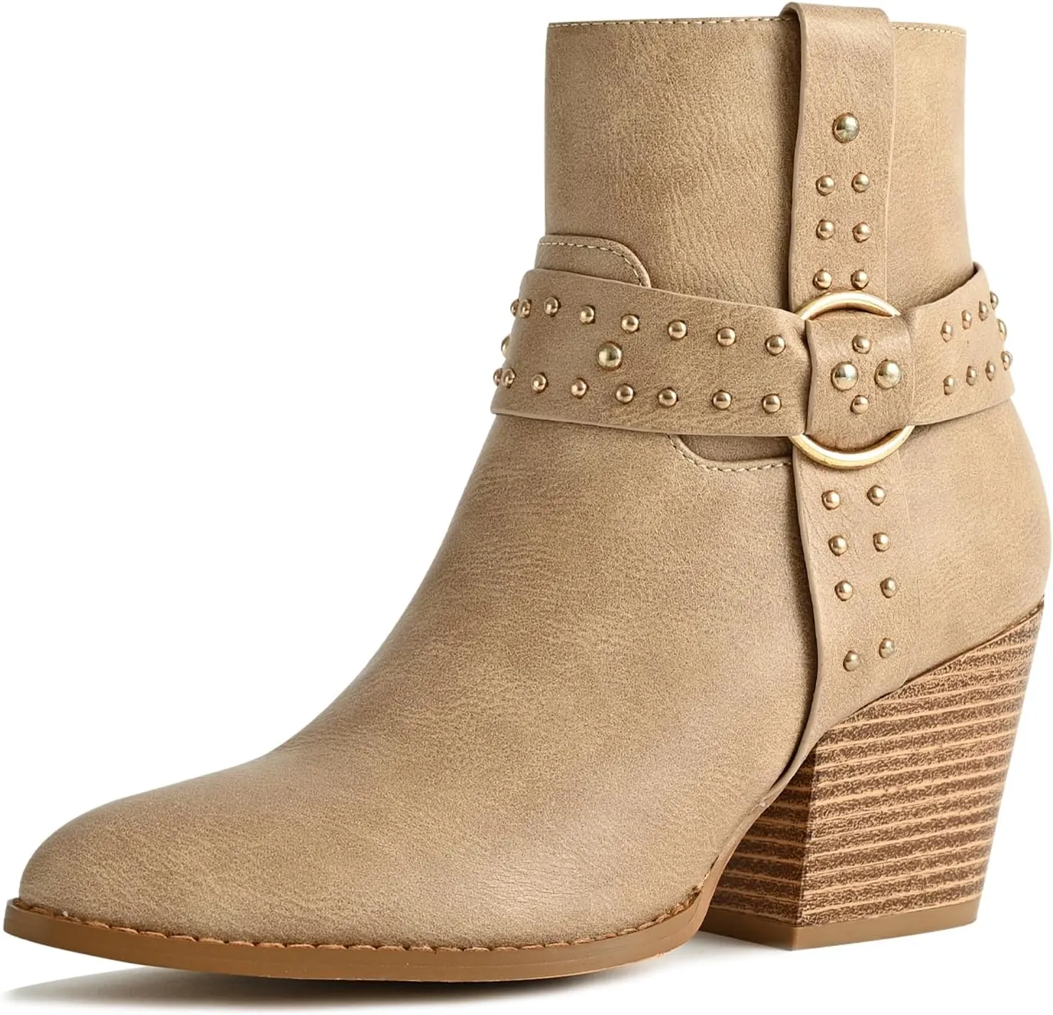 Chunky Stacked Heel Ankle Boots for Women Pointed Toe Chelsea Combat Boots Mid Calf Side Zipper Silver Studded Strap Heeled Booties Fall Dress Shoes