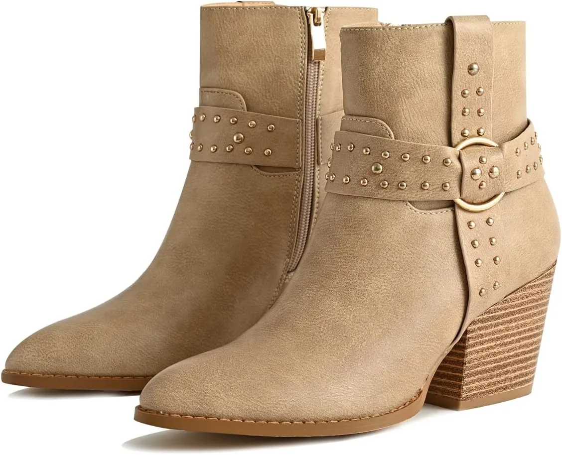 Chunky Stacked Heel Ankle Boots for Women Pointed Toe Chelsea Combat Boots Mid Calf Side Zipper Silver Studded Strap Heeled Booties Fall Dress Shoes