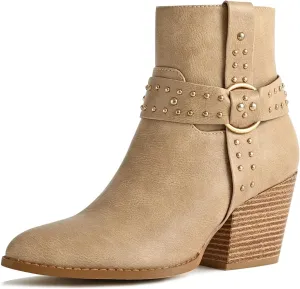 Chunky Stacked Heel Ankle Boots for Women Pointed Toe Chelsea Combat Boots Mid Calf Side Zipper Silver Studded Strap Heeled Booties Fall Dress Shoes