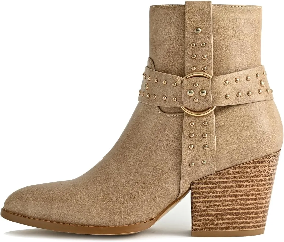 Chunky Stacked Heel Ankle Boots for Women Pointed Toe Chelsea Combat Boots Mid Calf Side Zipper Silver Studded Strap Heeled Booties Fall Dress Shoes