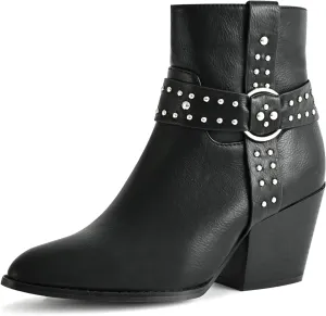 Chunky Stacked Heel Ankle Boots for Women Pointed Toe Chelsea Combat Boots Mid Calf Side Zipper Silver Studded Strap Heeled Booties Fall Dress Shoes