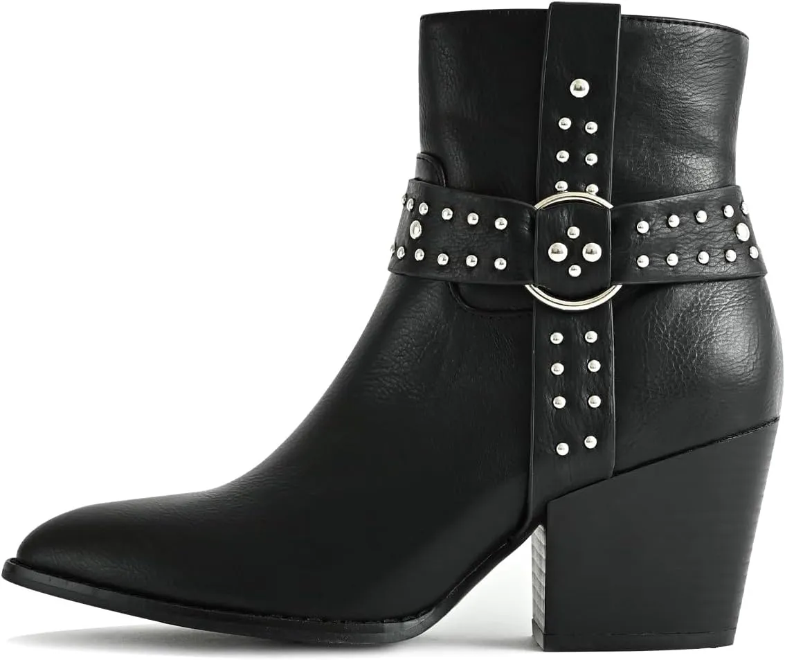 Chunky Stacked Heel Ankle Boots for Women Pointed Toe Chelsea Combat Boots Mid Calf Side Zipper Silver Studded Strap Heeled Booties Fall Dress Shoes