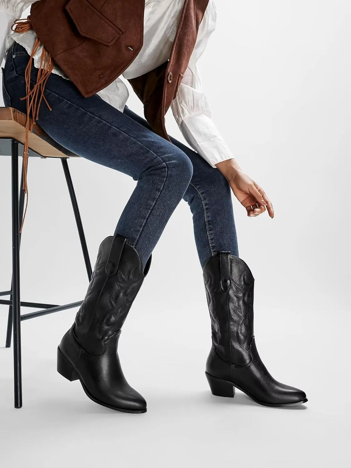CIERWS Women's Embroidered Western Cowboy Boots Cowgirl Boots Knee High Medium Heel Chunky Heel Classic Retro Boots