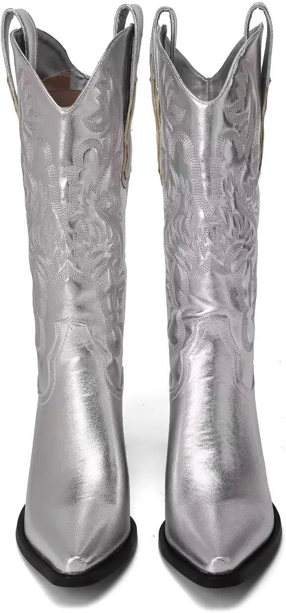CIERWS Women's Embroidered Western Cowboy Boots Cowgirl Boots Knee High Medium Heel Chunky Heel Classic Retro Boots