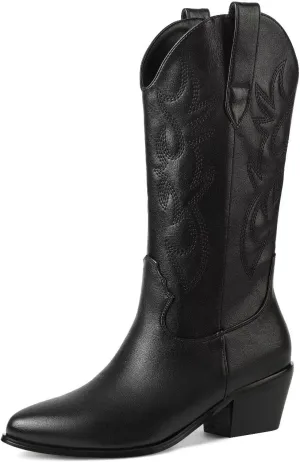 CIERWS Women's Embroidered Western Cowboy Boots Cowgirl Boots Knee High Medium Heel Chunky Heel Classic Retro Boots