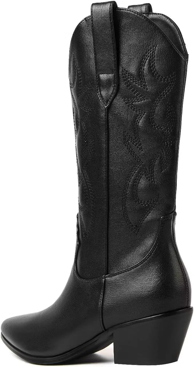 CIERWS Women's Embroidered Western Cowboy Boots Cowgirl Boots Knee High Medium Heel Chunky Heel Classic Retro Boots
