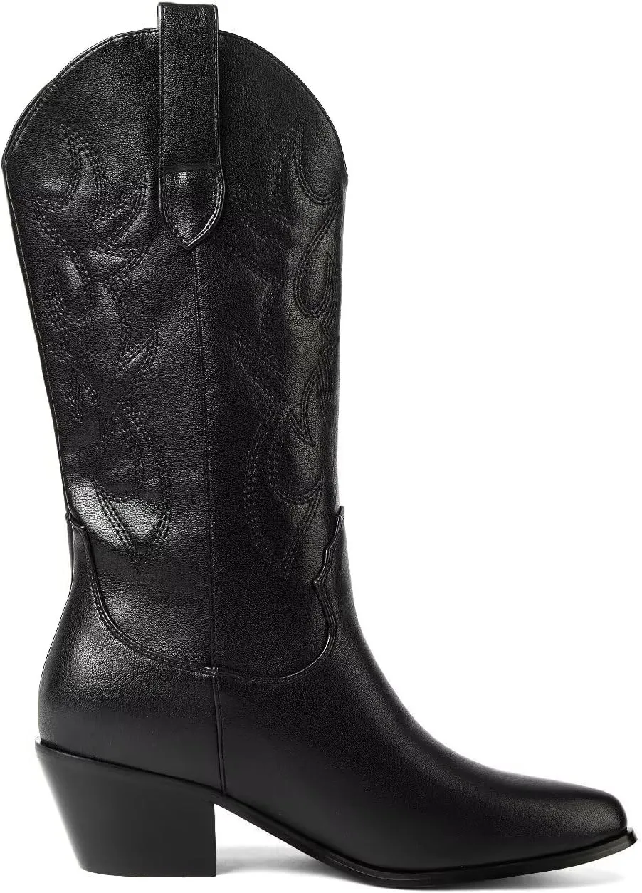 CIERWS Women's Embroidered Western Cowboy Boots Cowgirl Boots Knee High Medium Heel Chunky Heel Classic Retro Boots