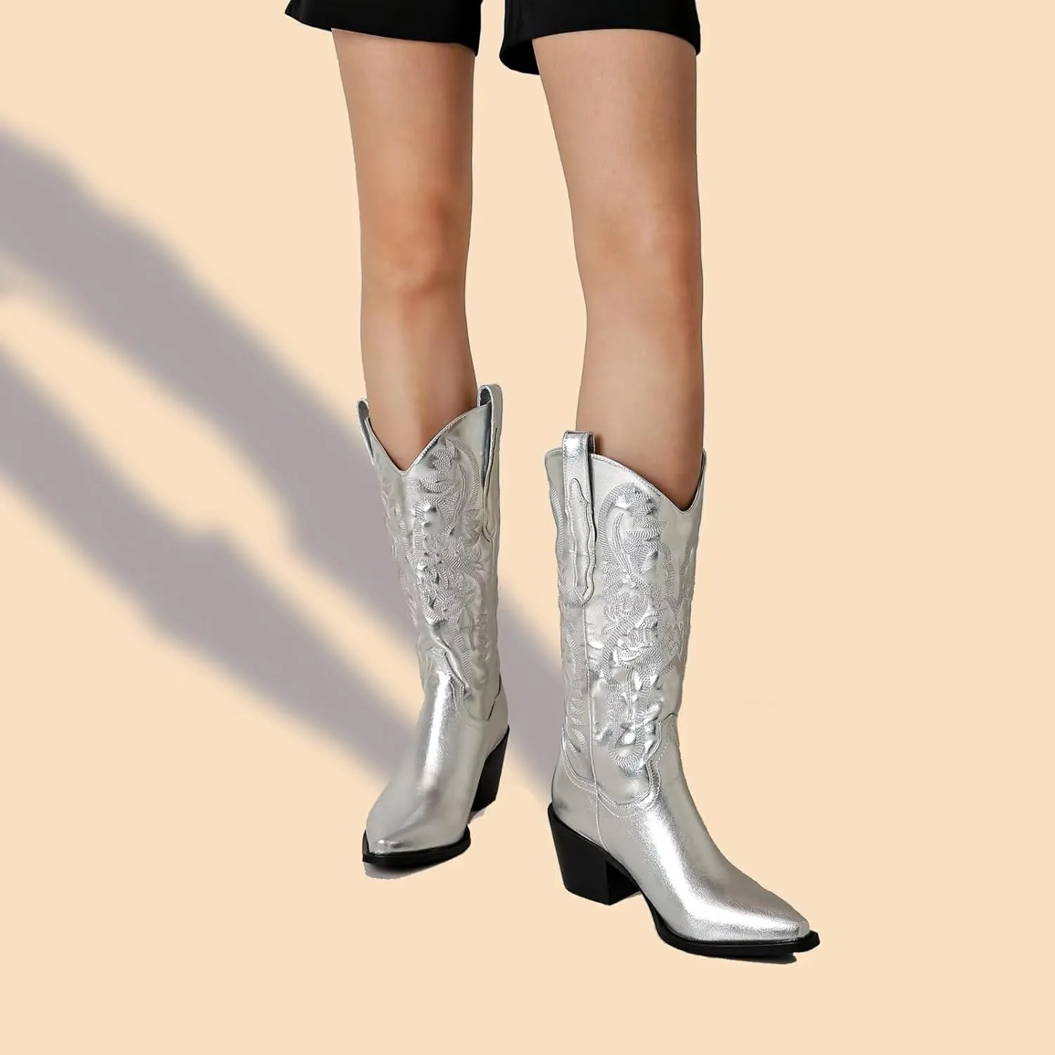 CIERWS Women's Embroidered Western Cowboy Boots Cowgirl Boots Knee High Medium Heel Chunky Heel Classic Retro Boots