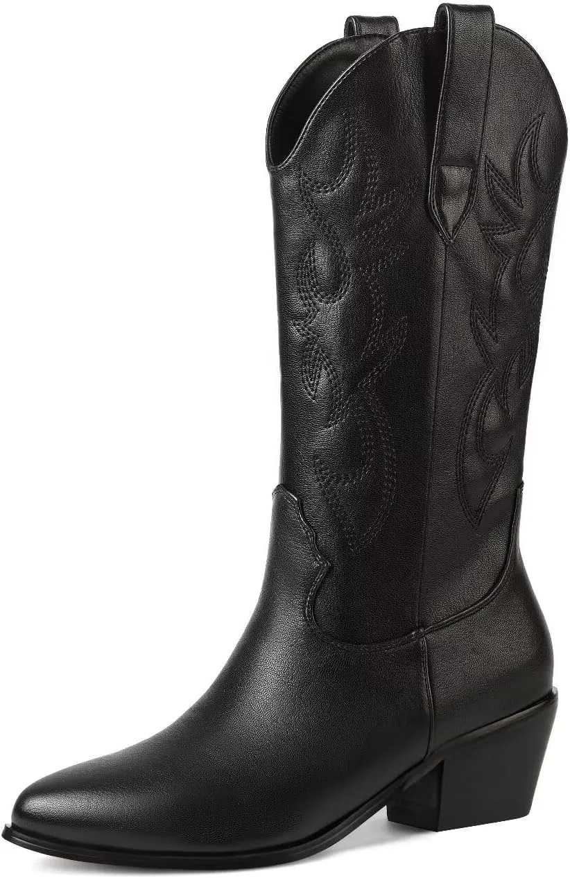 CIERWS Women's Embroidered Western Cowboy Boots Cowgirl Boots Knee High Medium Heel Chunky Heel Classic Retro Boots