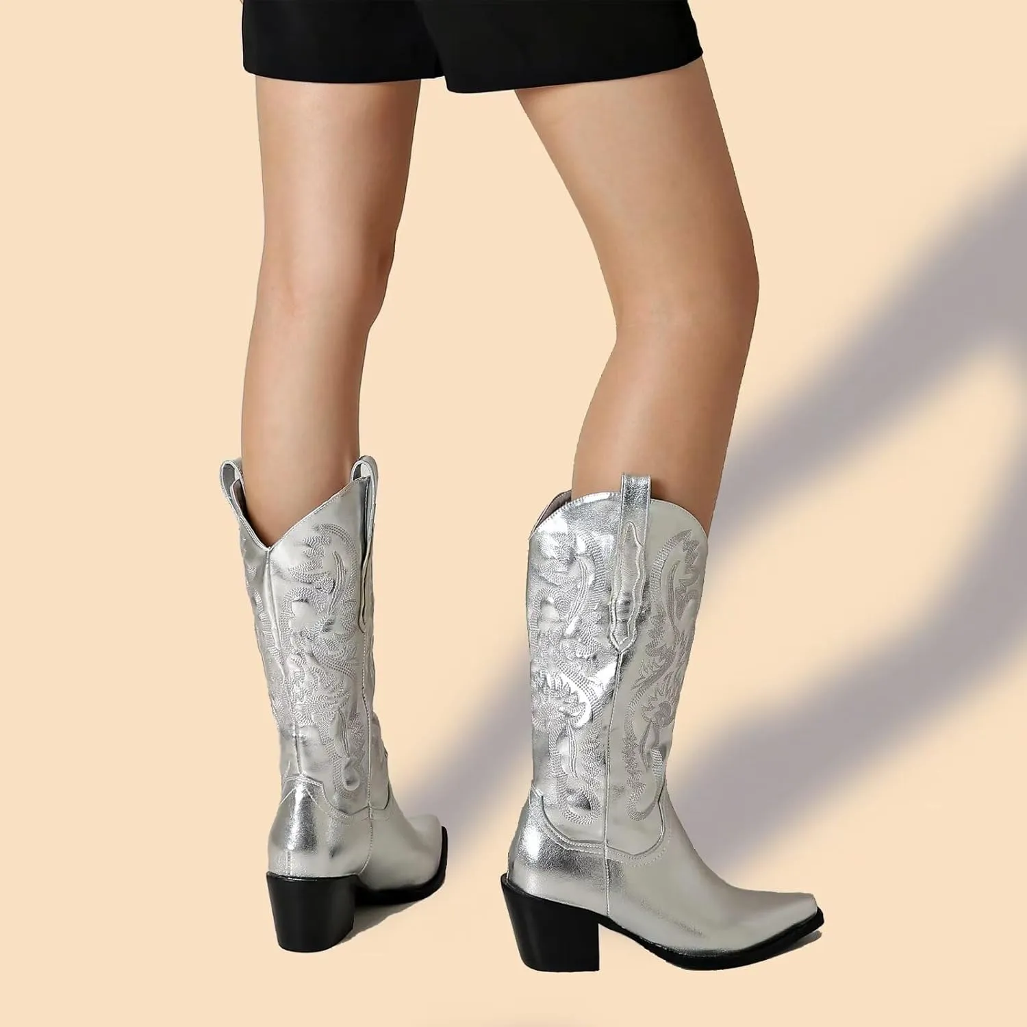 CIERWS Women's Embroidered Western Cowboy Boots Cowgirl Boots Knee High Medium Heel Chunky Heel Classic Retro Boots