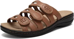 CIOR Women's Classic Leather Sandals, Black, Flat, Open Toe, Arch Support, Adjustable Strap, Casual, Water Resistant, Perfect for Beach, Street, Shopping, Dating, Vacation, Pool, Party