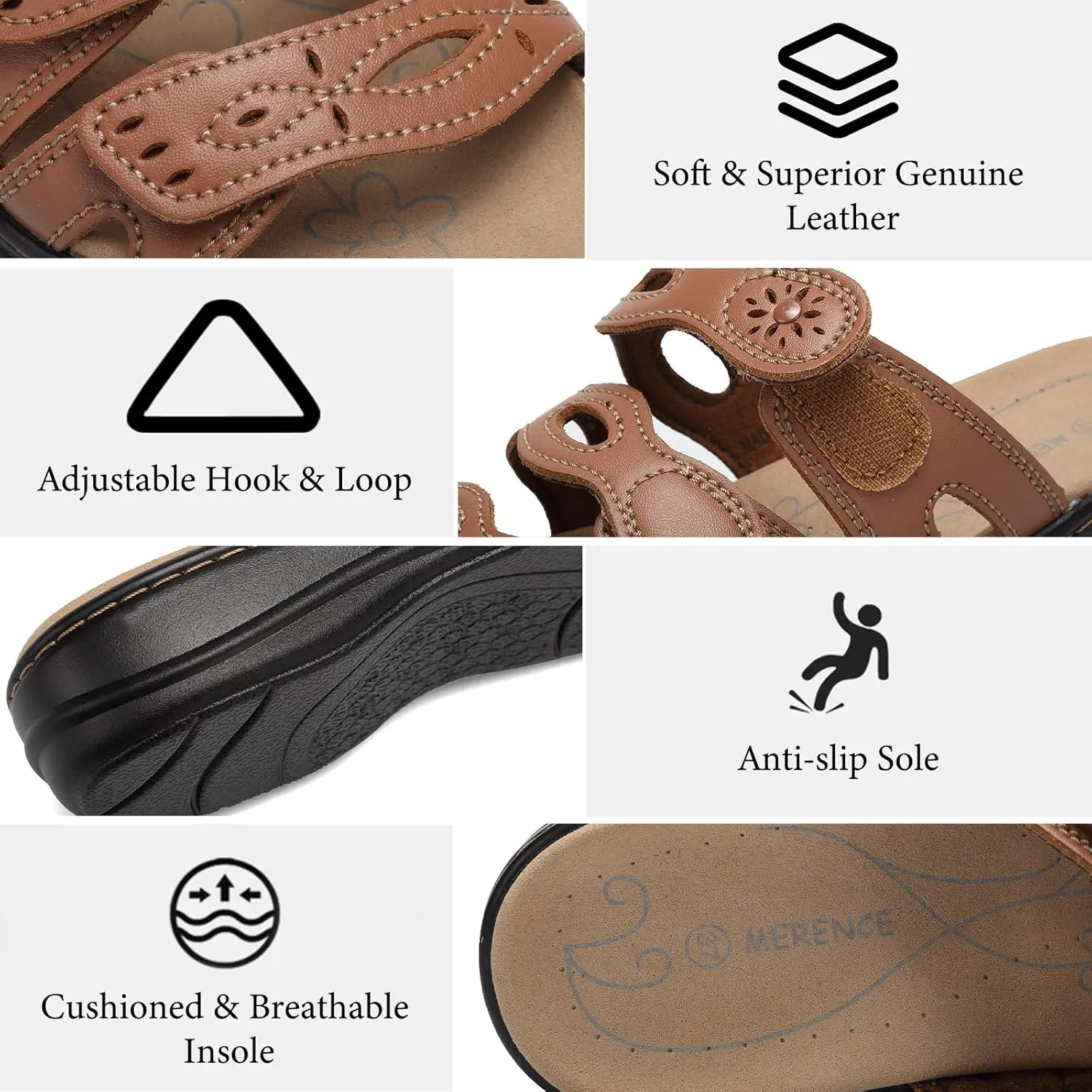 CIOR Women's Classic Leather Sandals, Black, Flat, Open Toe, Arch Support, Adjustable Strap, Casual, Water Resistant, Perfect for Beach, Street, Shopping, Dating, Vacation, Pool, Party
