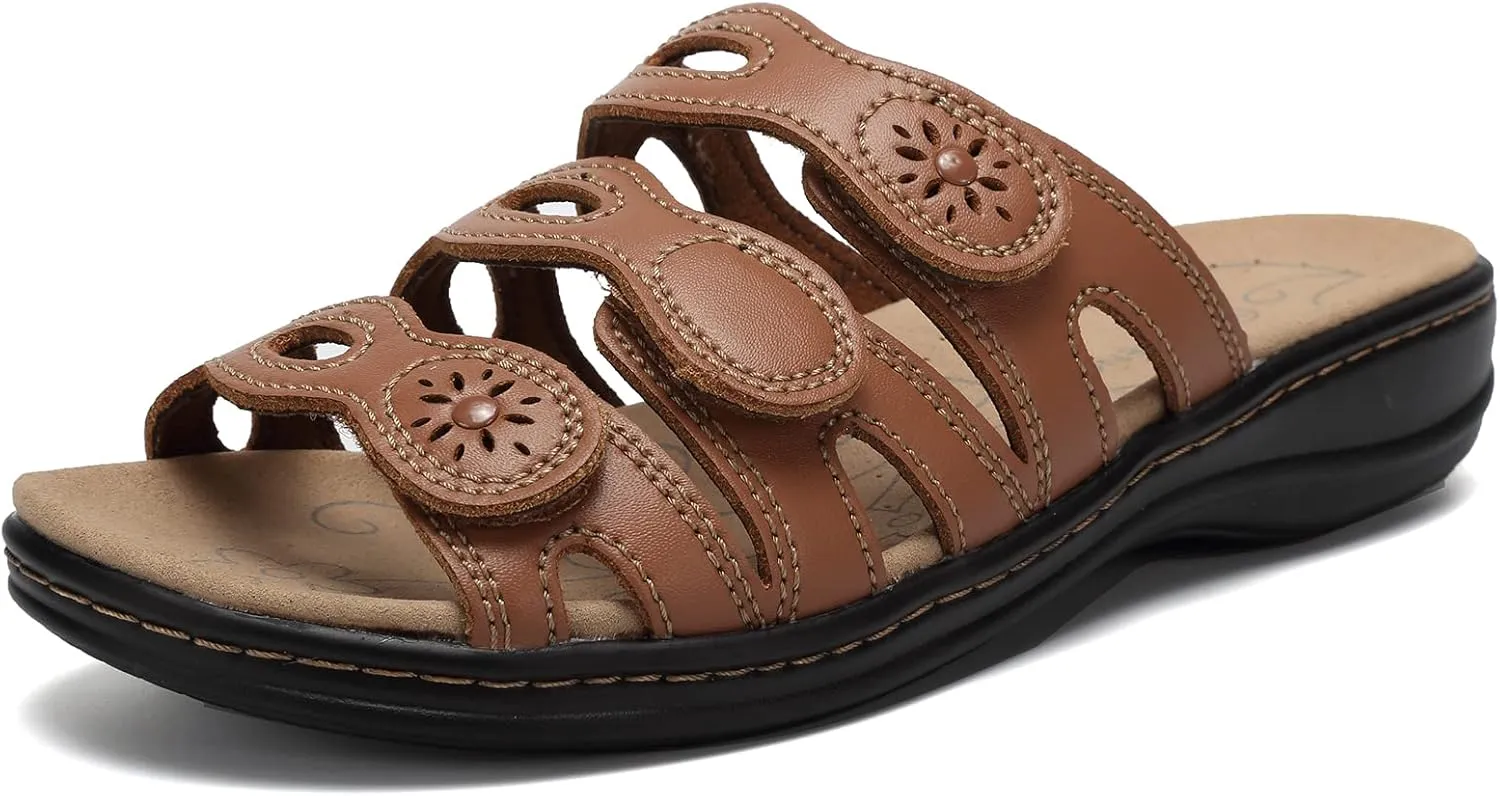 CIOR Women's Classic Leather Sandals, Black, Flat, Open Toe, Arch Support, Adjustable Strap, Casual, Water Resistant, Perfect for Beach, Street, Shopping, Dating, Vacation, Pool, Party