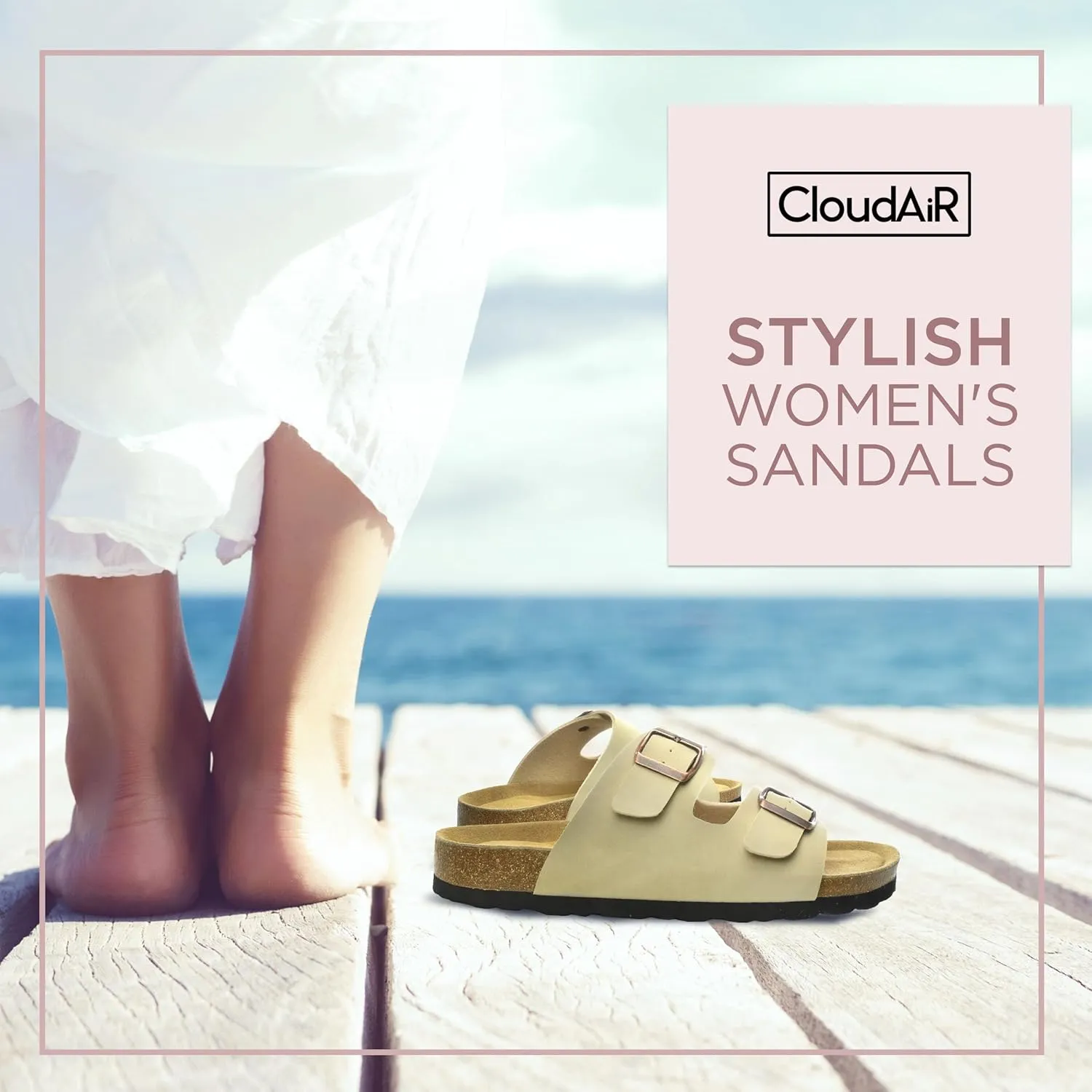 CLOUDAIR Joyce Sandals, Women’s Arch Support Slides, Suede Vegan Leather, Two Adjustable Buckle Straps, Cork Footbed