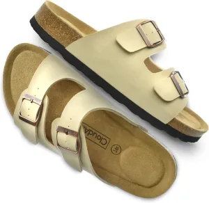 CLOUDAIR Joyce Sandals, Women’s Arch Support Slides, Suede Vegan Leather, Two Adjustable Buckle Straps, Cork Footbed