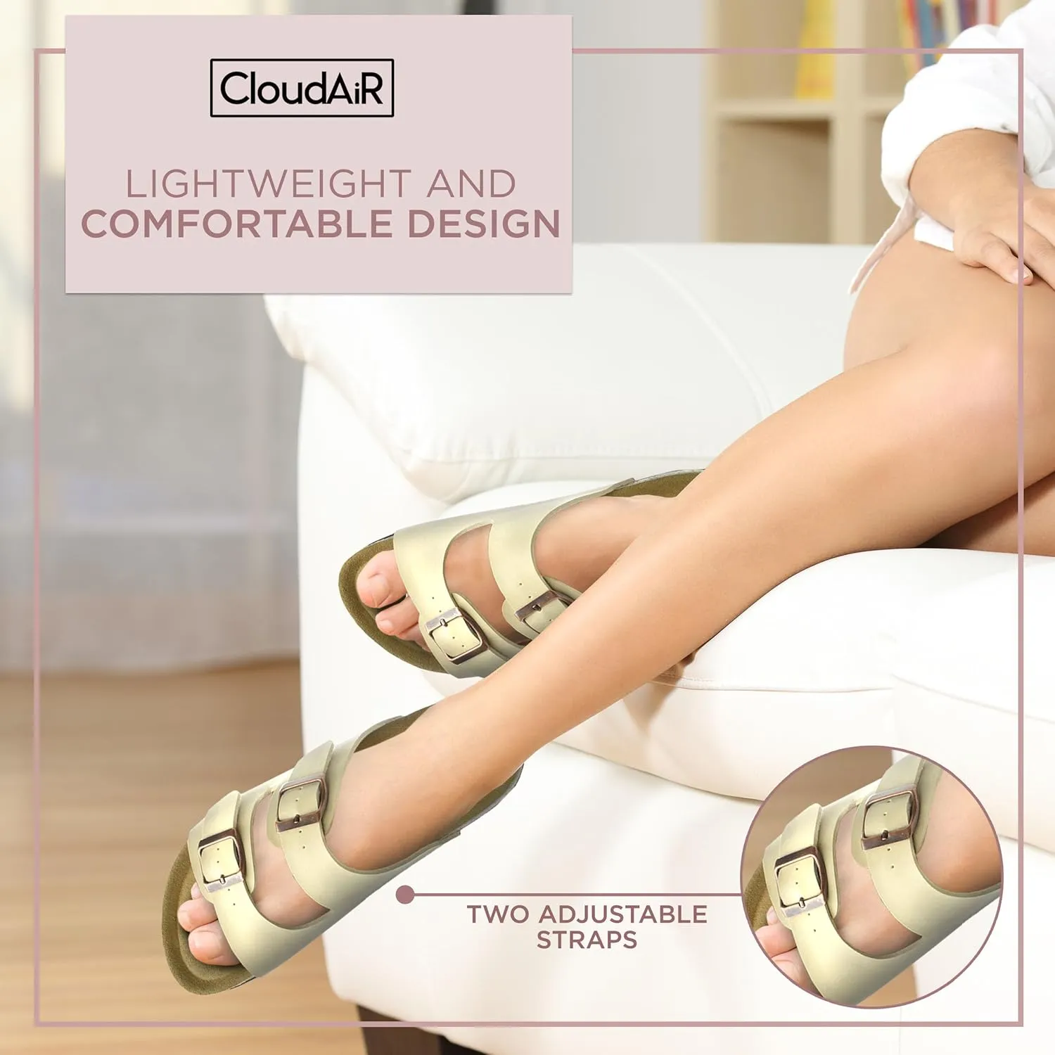 CLOUDAIR Joyce Sandals, Women’s Arch Support Slides, Suede Vegan Leather, Two Adjustable Buckle Straps, Cork Footbed