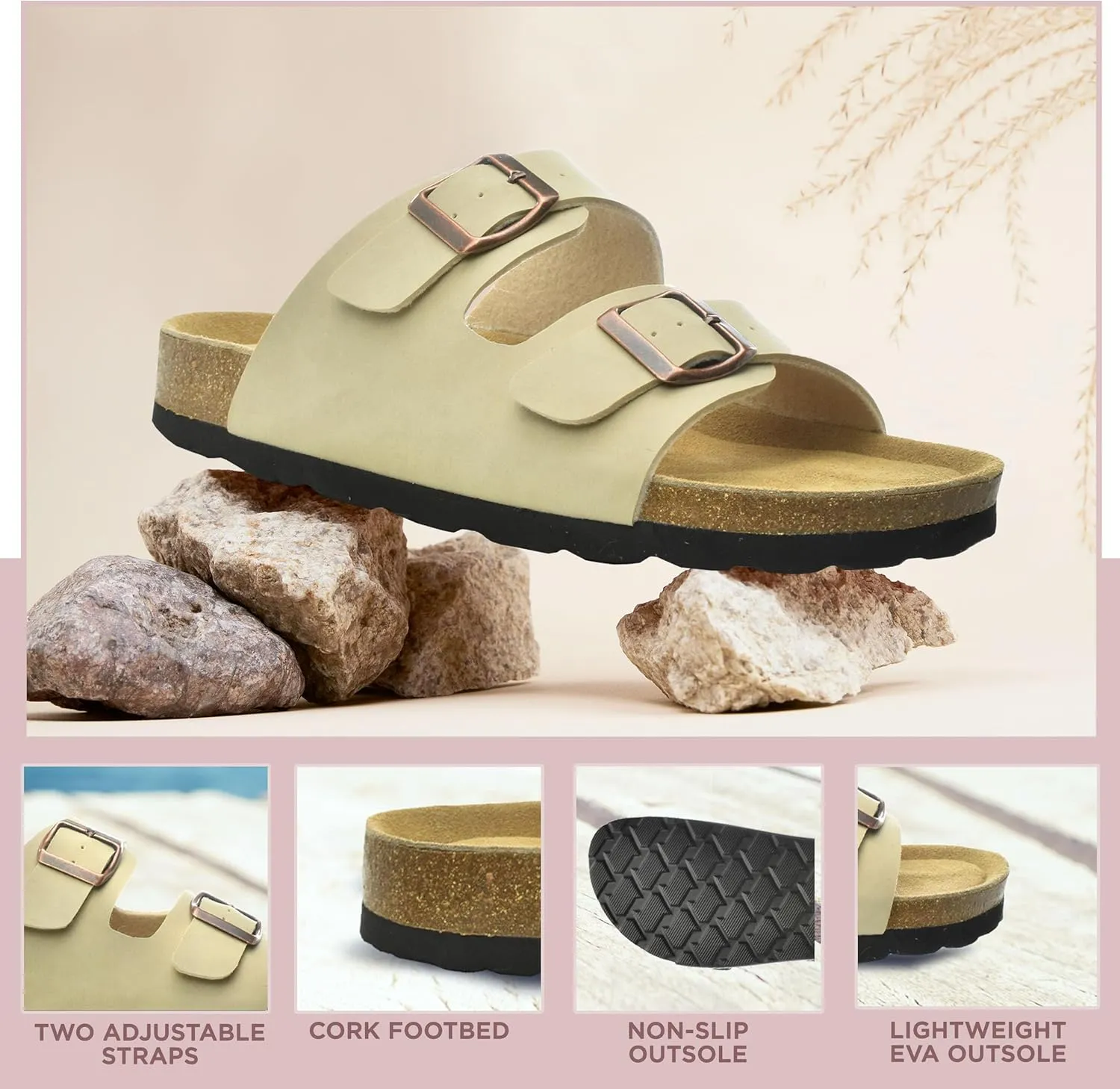 CLOUDAIR Joyce Sandals, Women’s Arch Support Slides, Suede Vegan Leather, Two Adjustable Buckle Straps, Cork Footbed