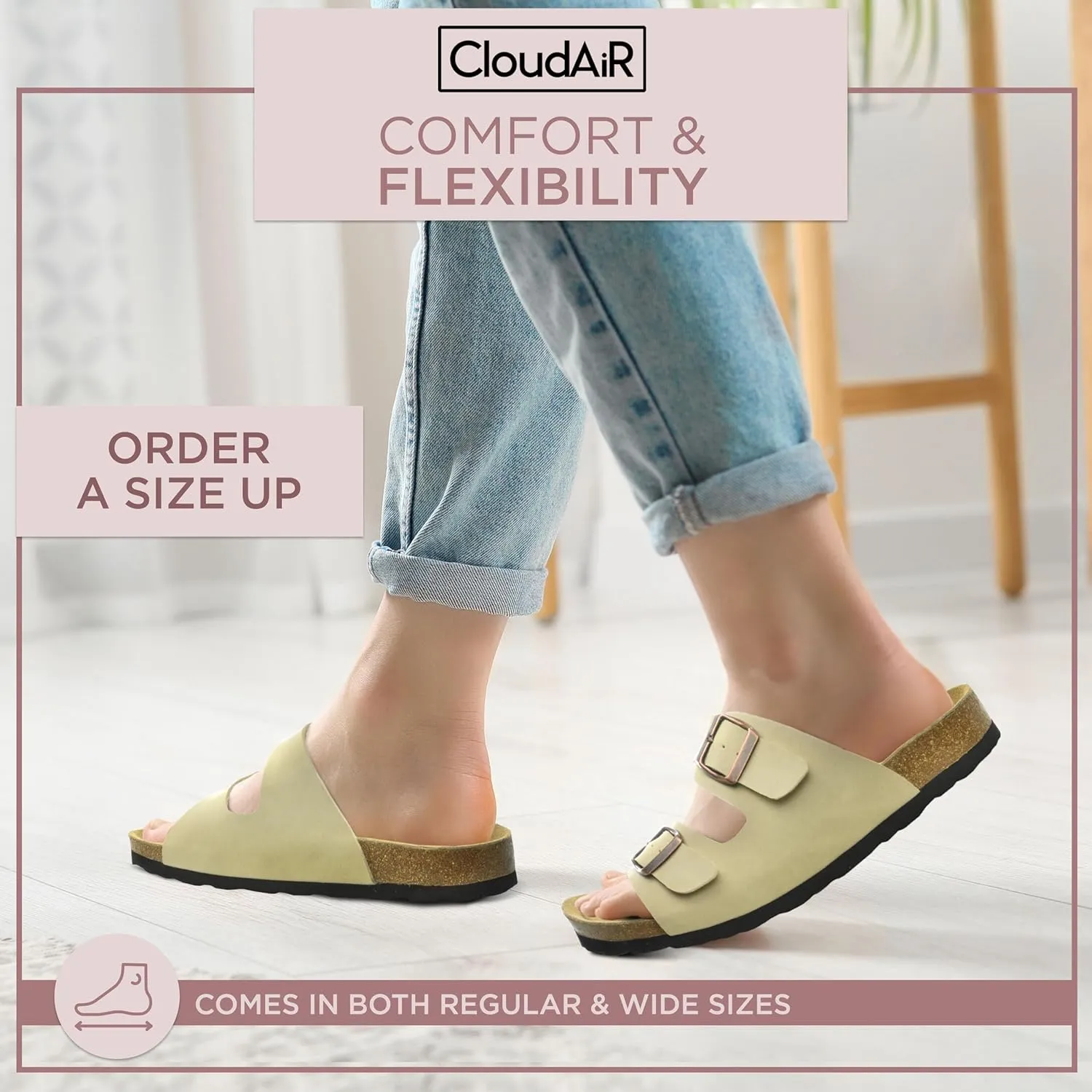 CLOUDAIR Joyce Sandals, Women’s Arch Support Slides, Suede Vegan Leather, Two Adjustable Buckle Straps, Cork Footbed