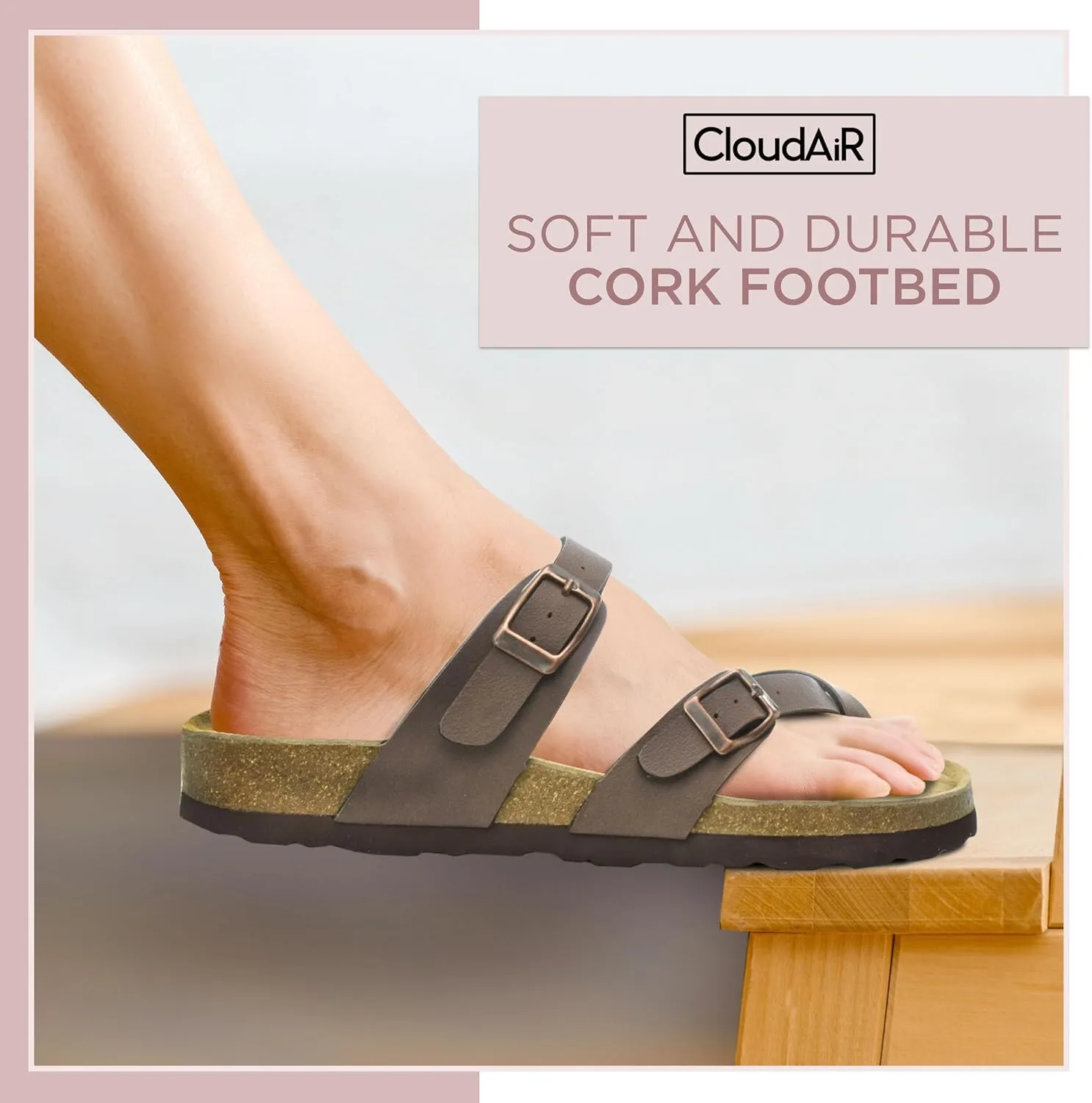 CLOUDAIR Primo Toe-Thong Slide Women's Sandals, Two Adjustable Buckle Straps and Cork Footbed, Suede Insoles