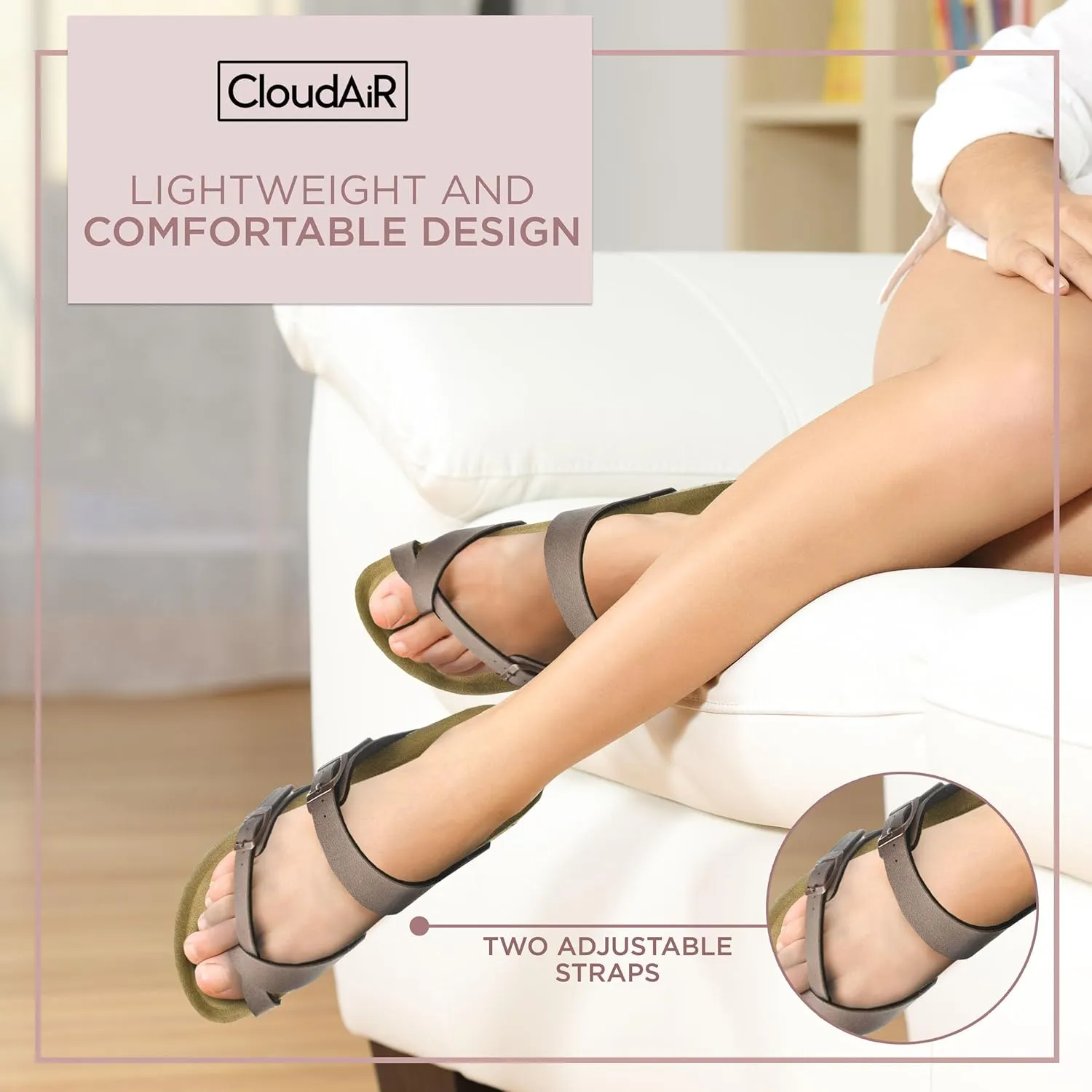CLOUDAIR Primo Toe-Thong Slide Women's Sandals, Two Adjustable Buckle Straps and Cork Footbed, Suede Insoles