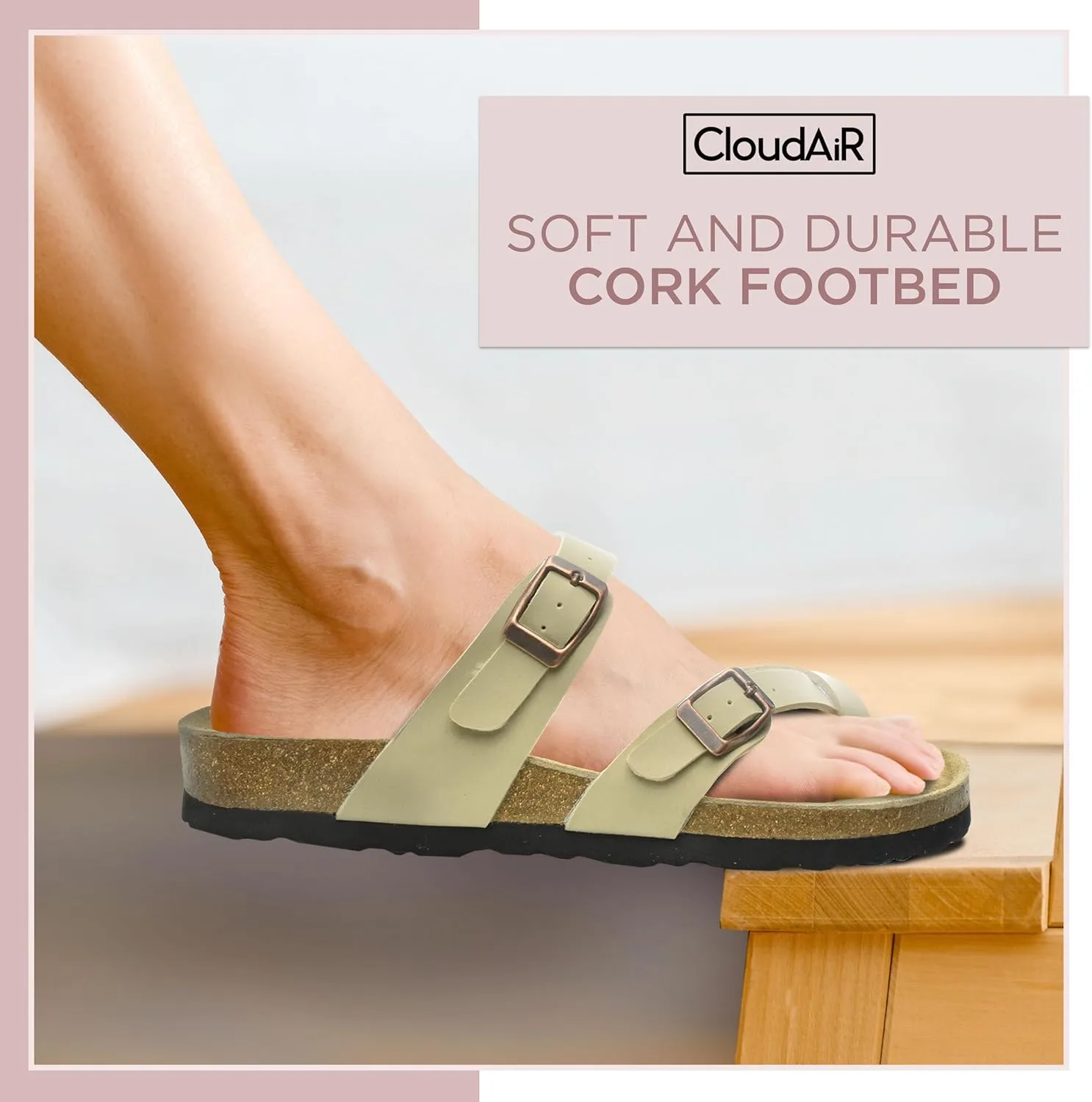 CLOUDAIR Primo Toe-Thong Slide Women's Sandals, Two Adjustable Buckle Straps and Cork Footbed, Suede Insoles