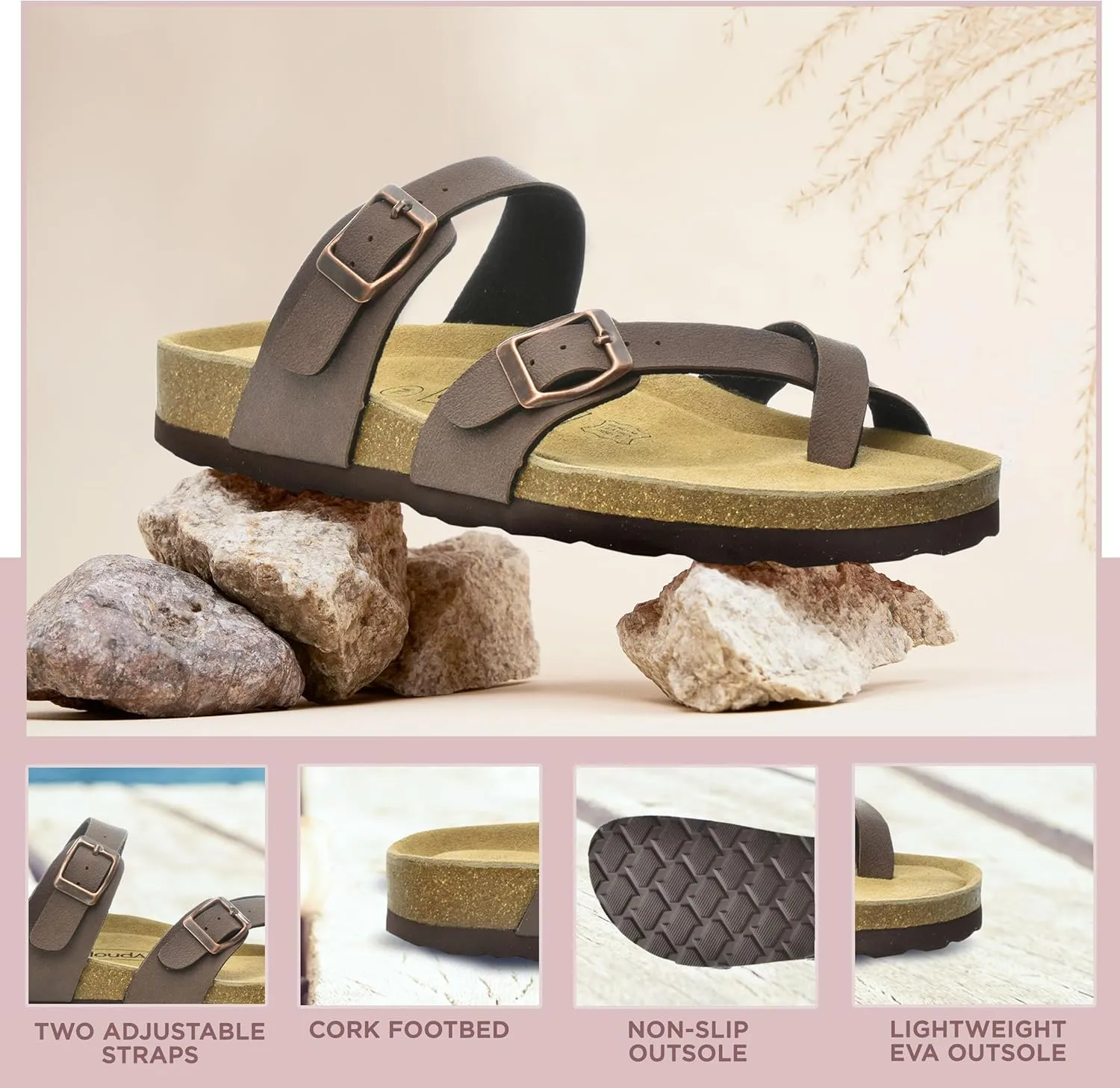 CLOUDAIR Primo Toe-Thong Slide Women's Sandals, Two Adjustable Buckle Straps and Cork Footbed, Suede Insoles
