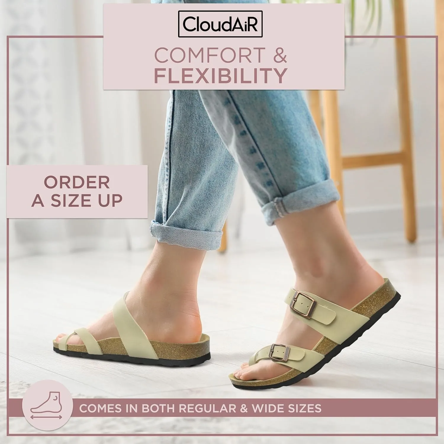 CLOUDAIR Primo Toe-Thong Slide Women's Sandals, Two Adjustable Buckle Straps and Cork Footbed, Suede Insoles