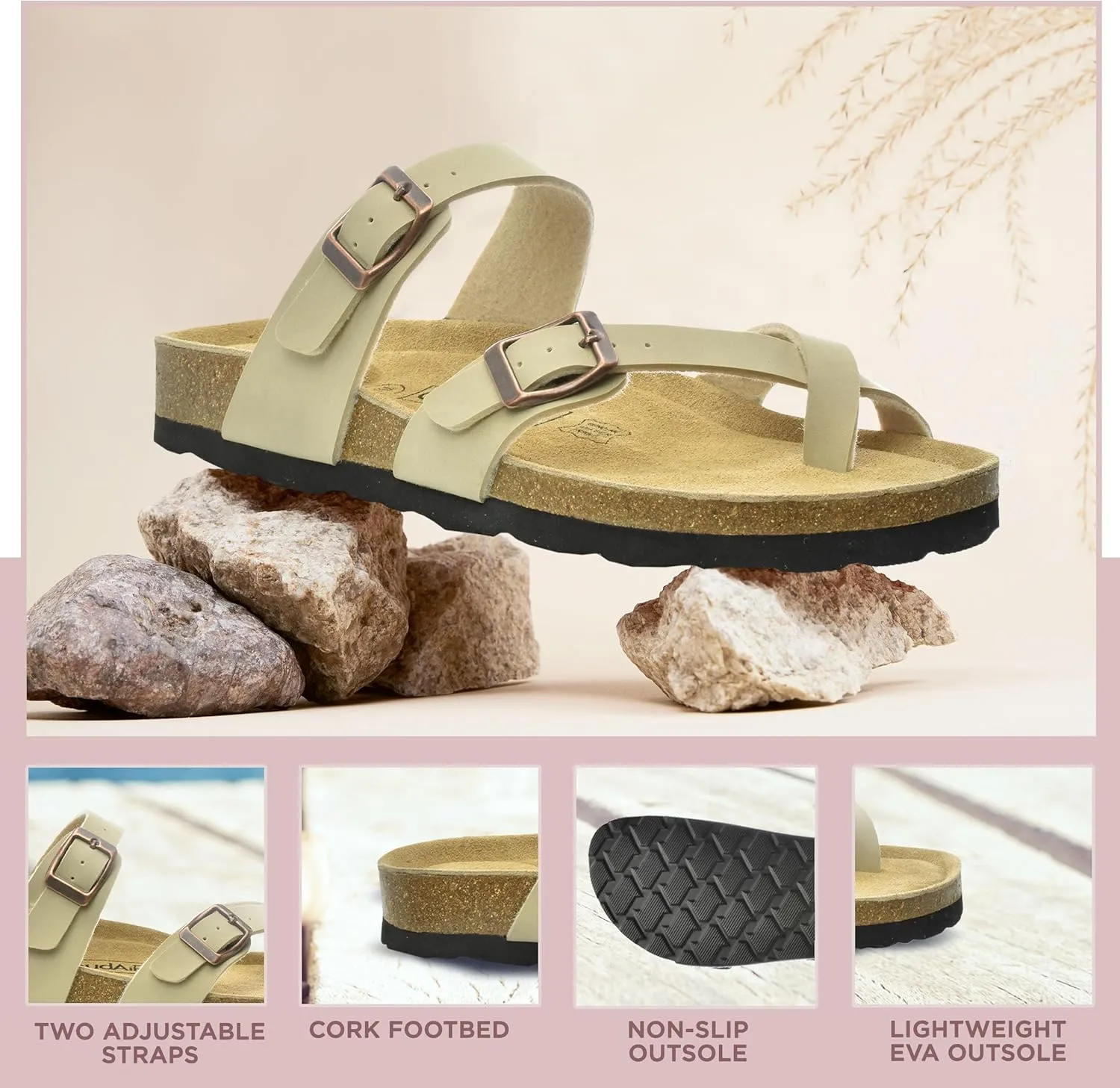 CLOUDAIR Primo Toe-Thong Slide Women's Sandals, Two Adjustable Buckle Straps and Cork Footbed, Suede Insoles