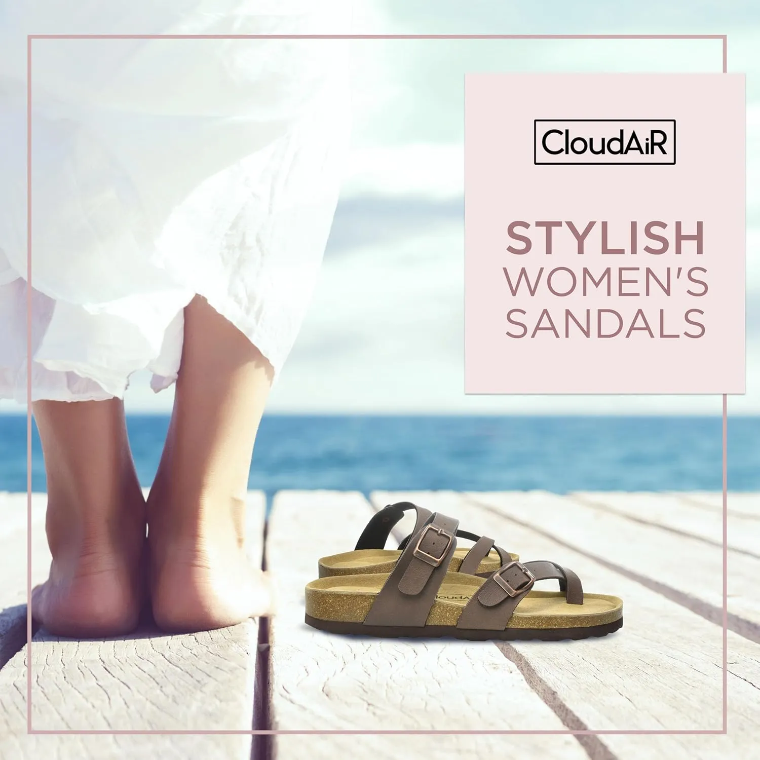 CLOUDAIR Primo Toe-Thong Slide Women's Sandals, Two Adjustable Buckle Straps and Cork Footbed, Suede Insoles