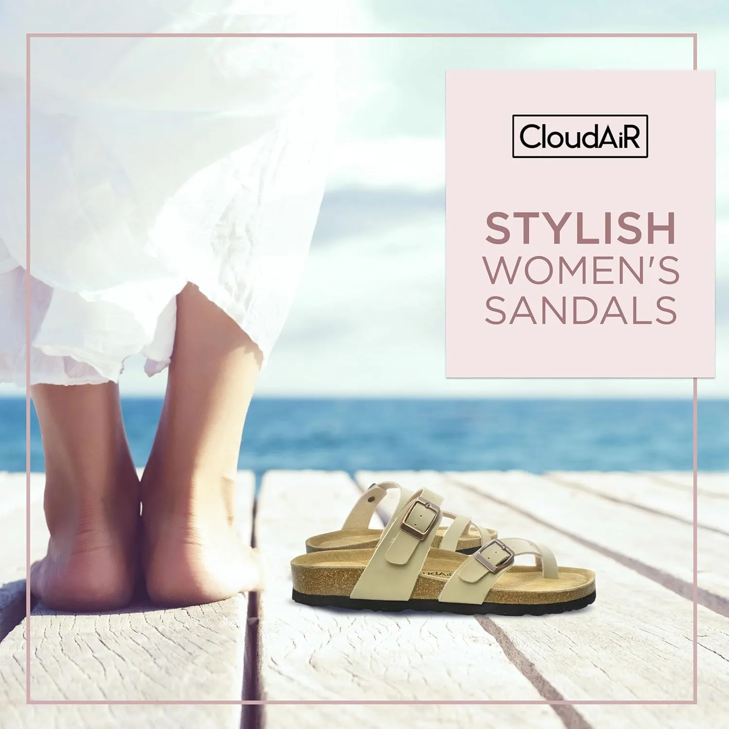 CLOUDAIR Primo Toe-Thong Slide Women's Sandals, Two Adjustable Buckle Straps and Cork Footbed, Suede Insoles