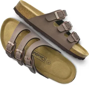 CLOUDAIR Ruth Sandals, Women’s Slides with Arch Support, Suede Vegan Leather, Adjustable 3 Buckle Straps and Cork Footbed