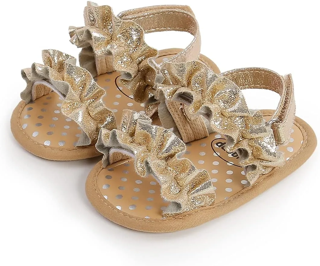 CoKate Baby Girls Sandals Ruffle Bowknot Premium Soft Sole Anti-Slip Open Toe Breathable Summer Outdoor First Walker Shoes Baby Sandals 0-3 months girls