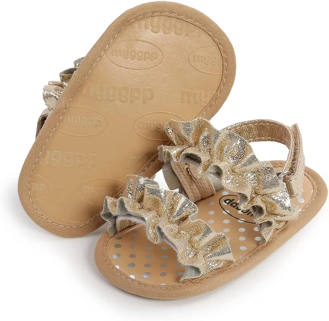 CoKate Baby Girls Sandals Ruffle Bowknot Premium Soft Sole Anti-Slip Open Toe Breathable Summer Outdoor First Walker Shoes Baby Sandals 0-3 months girls