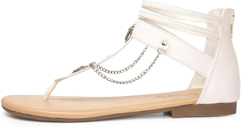 Colgo Thong Flat Sandals with Chain, Ankle Strap Zip Closure Flat Sandals, Women's Casual Sandals for Summer Party