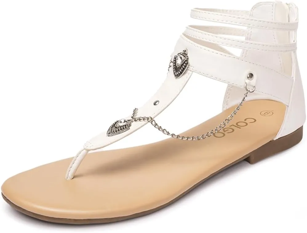Colgo Thong Flat Sandals with Chain, Ankle Strap Zip Closure Flat Sandals, Women's Casual Sandals for Summer Party