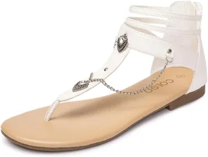 Colgo Thong Flat Sandals with Chain, Ankle Strap Zip Closure Flat Sandals, Women's Casual Sandals for Summer Party