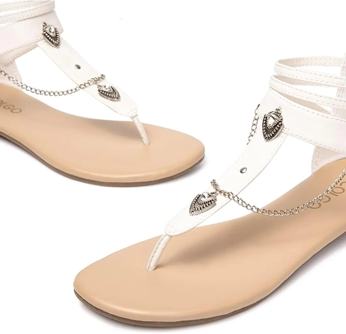 Colgo Thong Flat Sandals with Chain, Ankle Strap Zip Closure Flat Sandals, Women's Casual Sandals for Summer Party