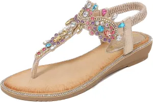 Comfortable Women's Sandals Summer Bohemian Rhinestone Beach Flip Flops Sandals Casual Flat Elastic Strap Sandals