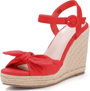 Coutgo Womens Espadrilles Wedges Bow Platform Sandals Open Toe Ankle Strap Summer Dress Heels Cute Shoes