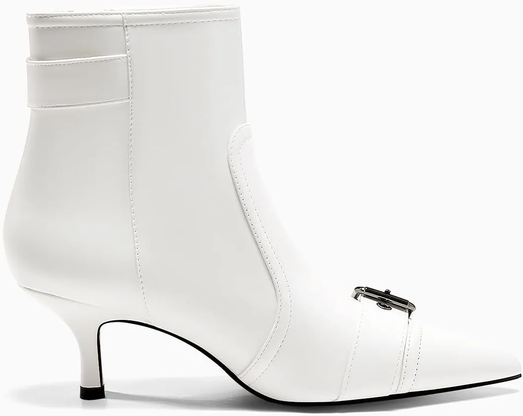 Coutgo Womens Kitten Heel Ankle Boots Pointed Toe Buckle Side Zipper Tassel Fall Winter Booties Shoes