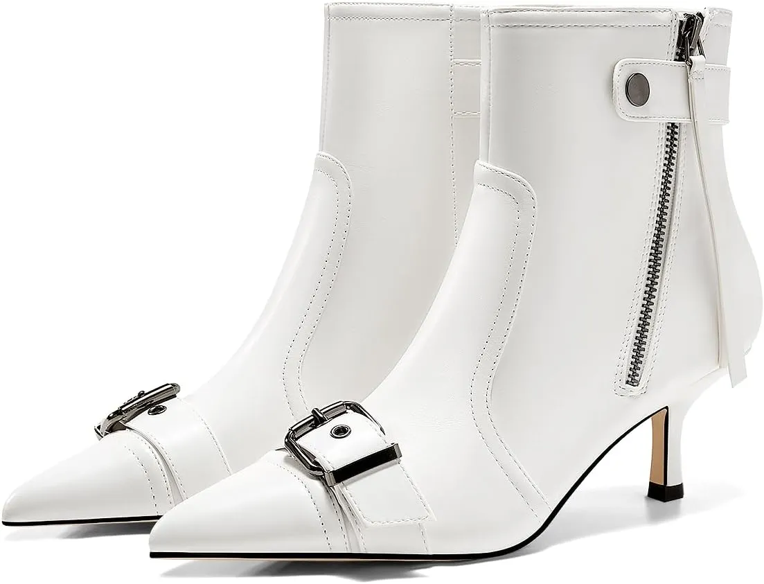 Coutgo Womens Kitten Heel Ankle Boots Pointed Toe Buckle Side Zipper Tassel Fall Winter Booties Shoes